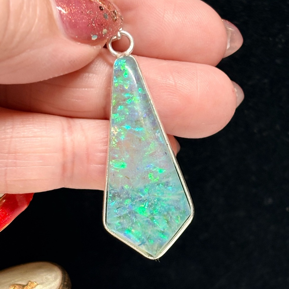 Elegant Silver and created Ethiopian Opal Pendant
